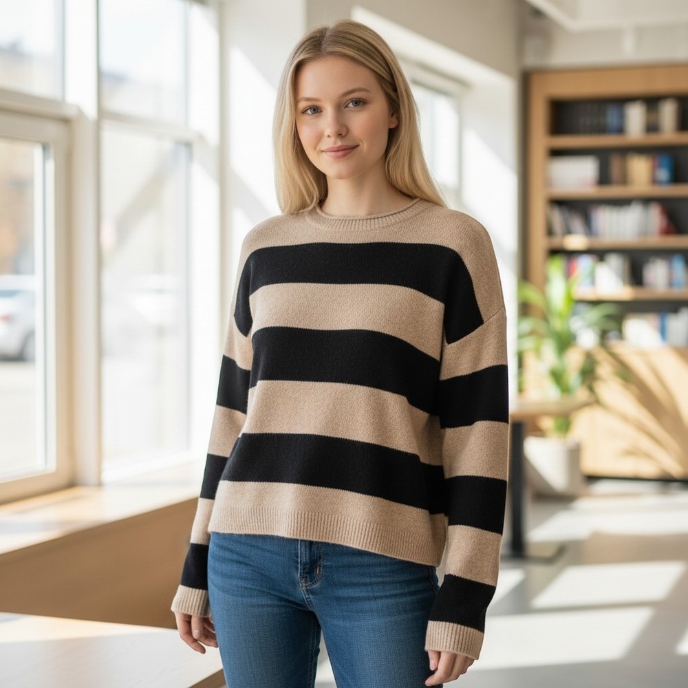 Tan and Black Striped Crew Neck Knit Sweater Long Sleeve Crop Fit Top/#26837